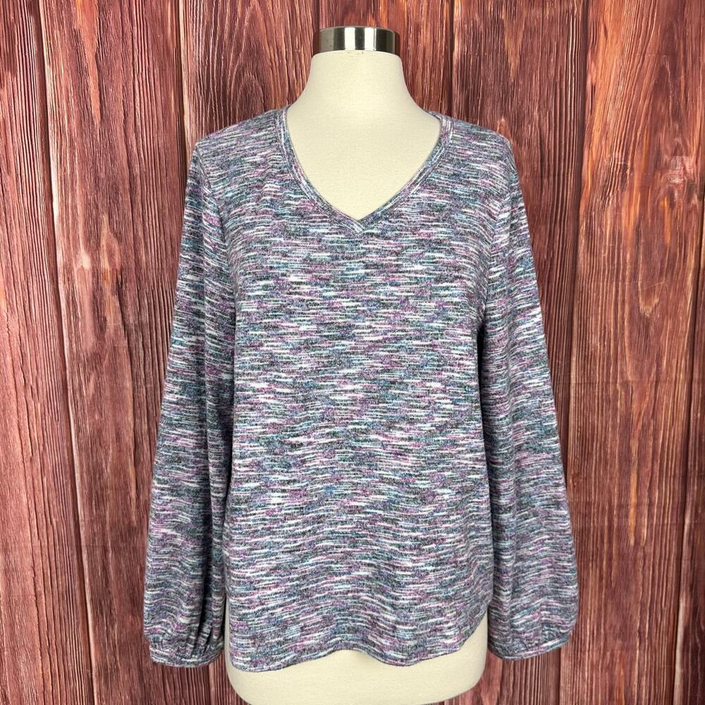 Chico's‎ Space Dye Long Sleeve V-neck Top Soft Knit Size 2 Large Casual Comfy